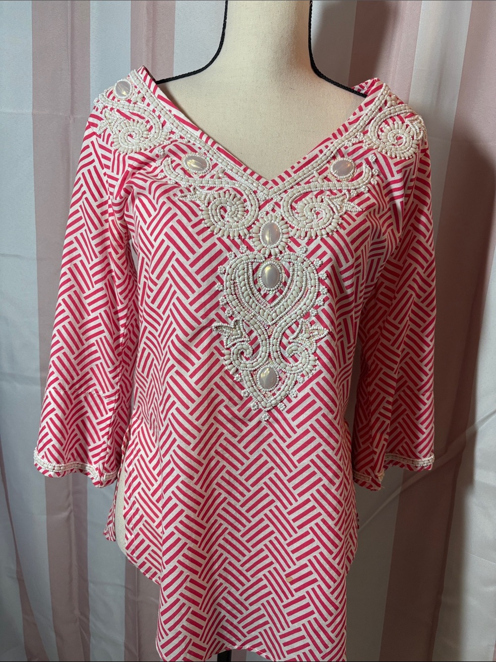 Embroidered Pink V-Neck Tunic Top